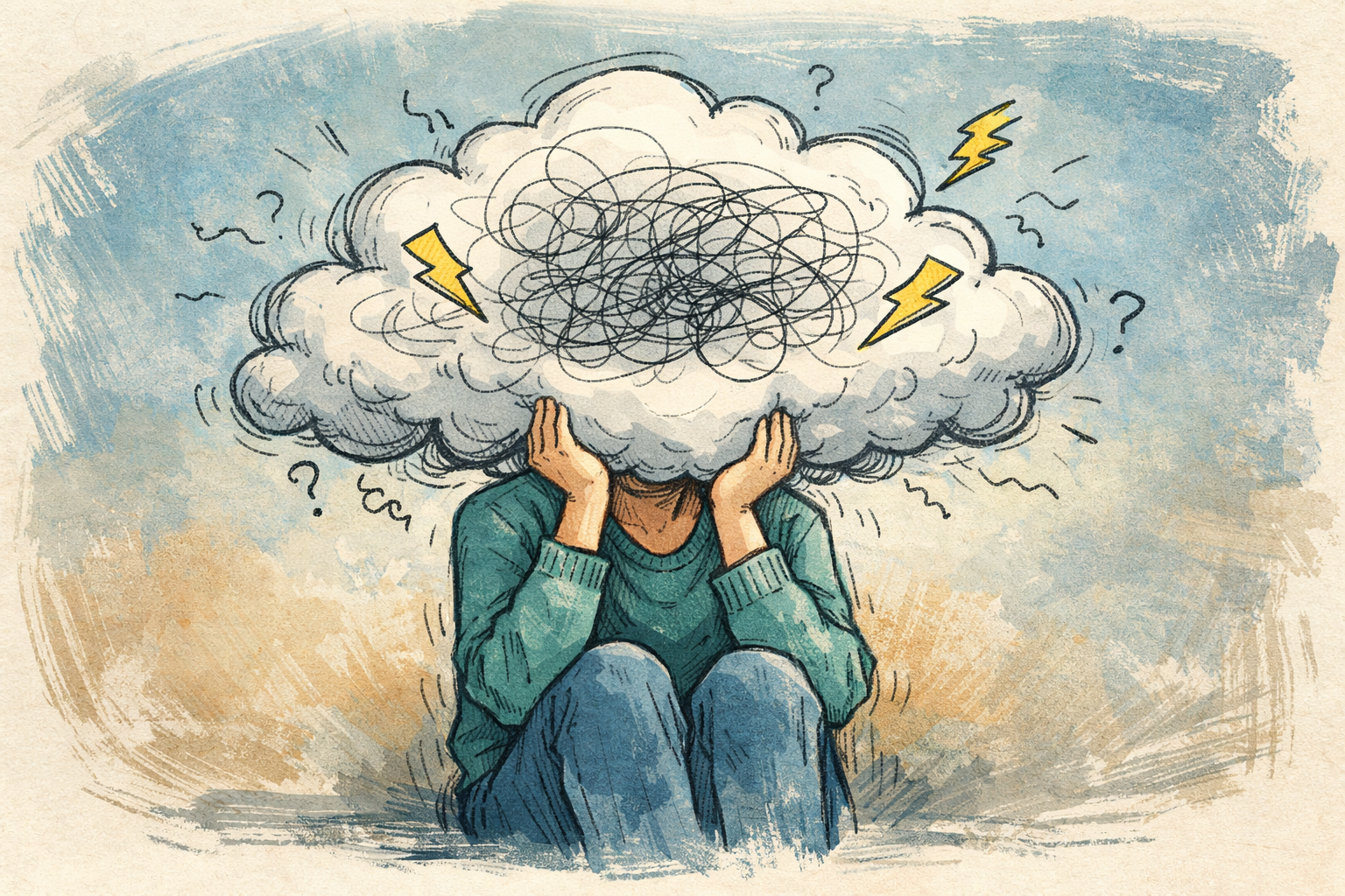 Mann mit Wolke als Kopf - Beitragsbild Overthinking stoppen