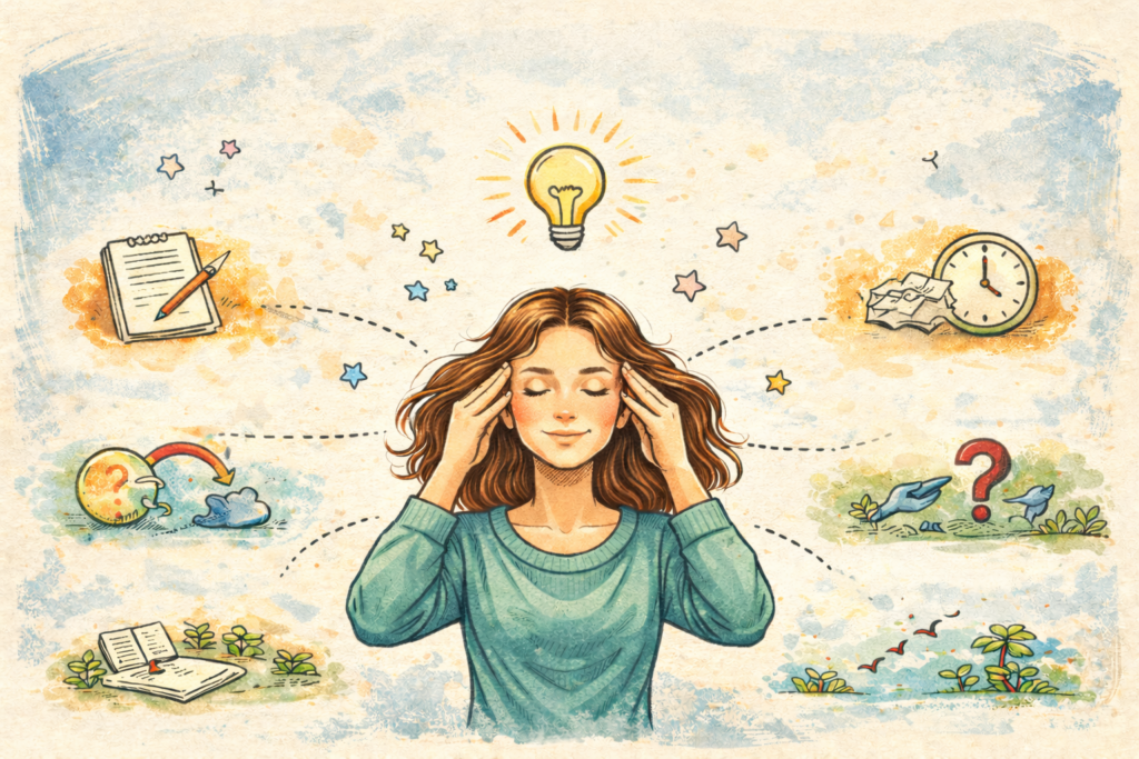 Frau mit Glühbirne über dem Kopf - Symbol Overthinking stoppen